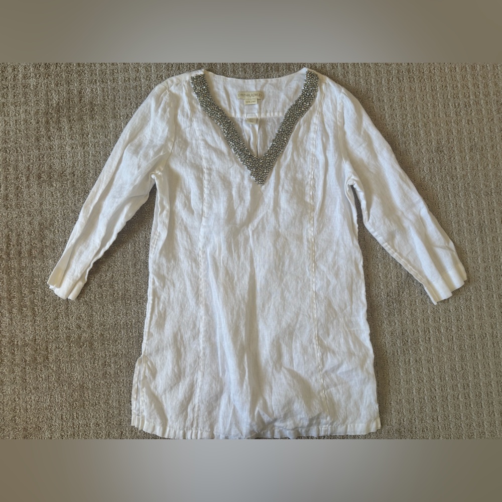 Cynthia Rowley White 100% Linen Beaded V-Neck Tunic top Size S